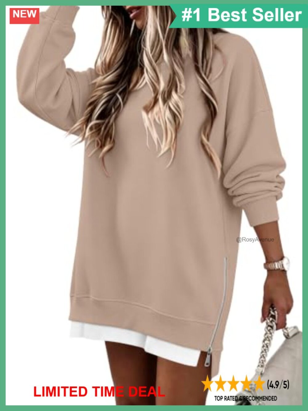 Oversized Crewneck Sweatshirt Side Zipper Split Pullover Women Loose Fit Tunic